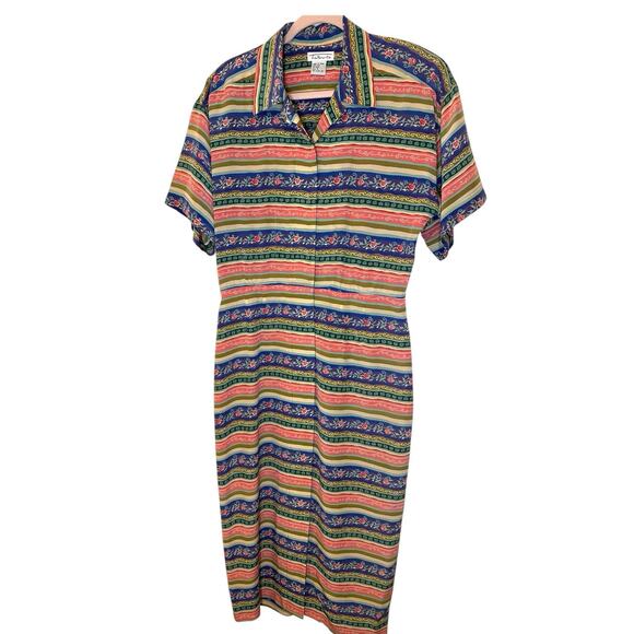 Vintage Talbots 100% Silk Button Up Dress Pink Blue Striped Floral sz 8 Bohemian - Picture 7 of 10
